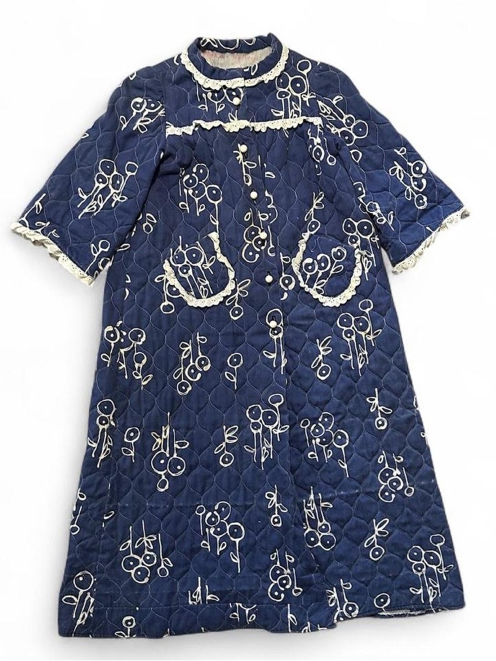 Vintage Navy blue floral quilted house coat